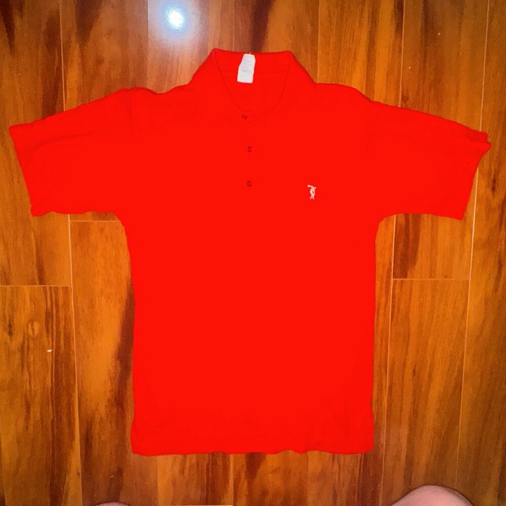 Vintage 80s  Discus Athletic Red Golf Polo Shirt USA Made 50/50 Medium Logo